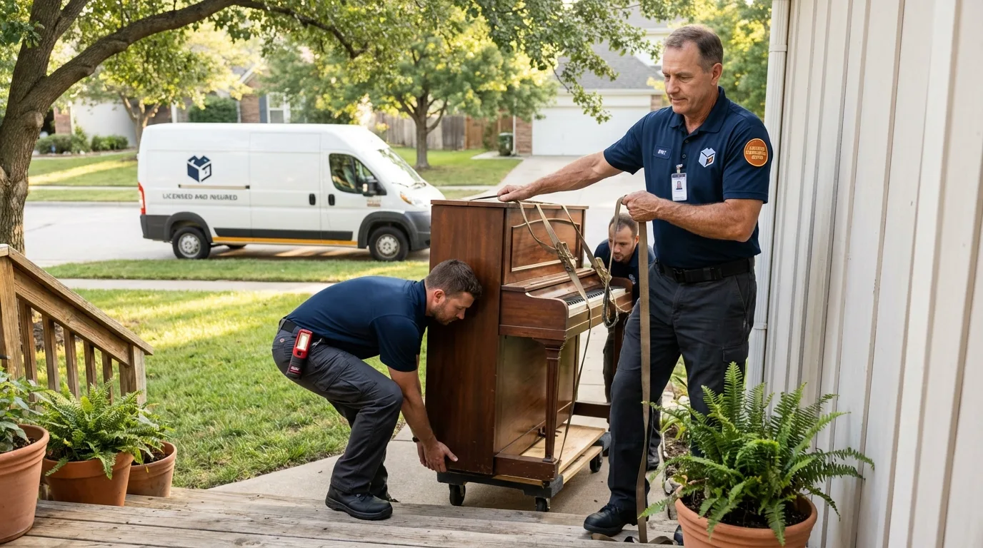 Licensed piano movers securing grand piano in Oak Bluffs, MA