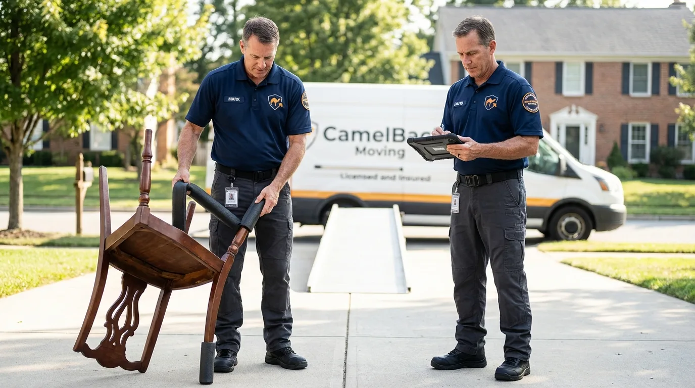 Movers inspecting furniture for damage prevention before loading in Oak Bluffs, MA