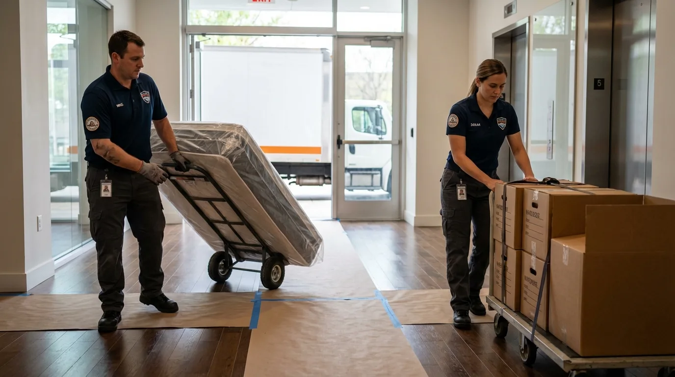 Professional apartment movers loading elevator in Oak Bluffs, MA