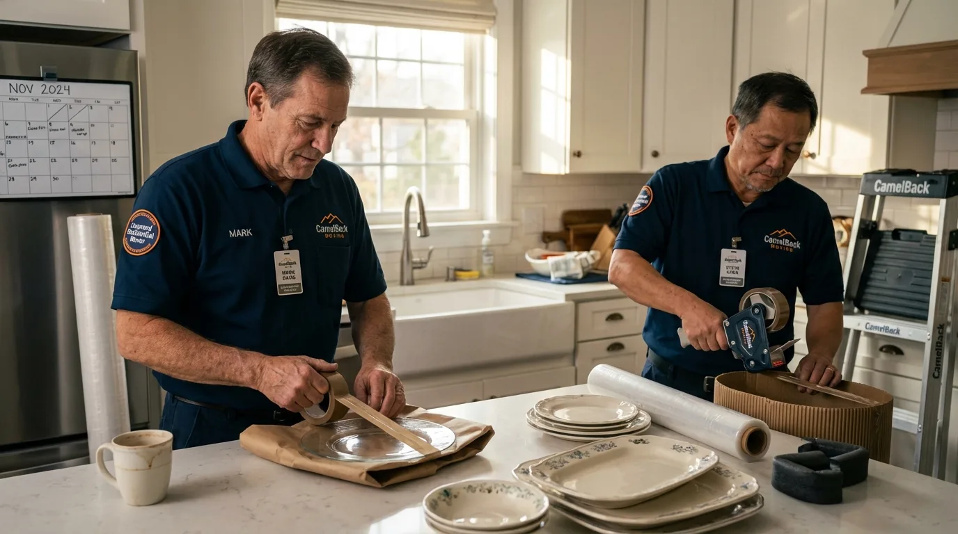 Professional crew packing kitchen dishware in Oak Bluffs, MA